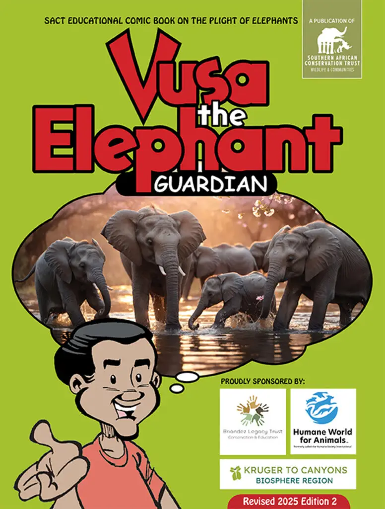 Educational comic book, "Vusa the Elephant Guardian-2025," from the Southern African Conservation Trust. It tells the story of a boy named Vusa and the lessons he learns about elephants as "gardeners" and "water finders," their social complexity, and conservation methods like using chili bricks and beehive fences to mitigate human-wildlife conflict.