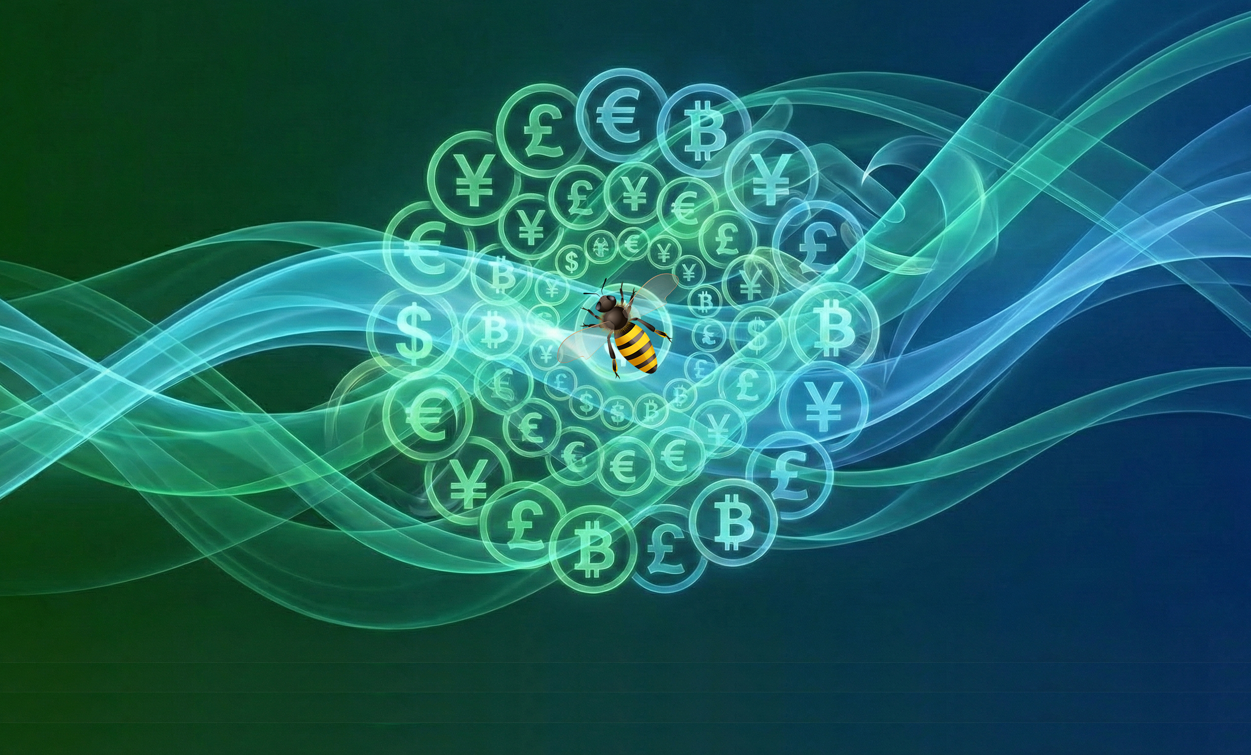 Composite image of currency symbols with an African bee in the centre